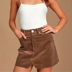 Lulu’s Happy Go Lucky Brown Corduroy Mini Skirt Frayed Hem Medium